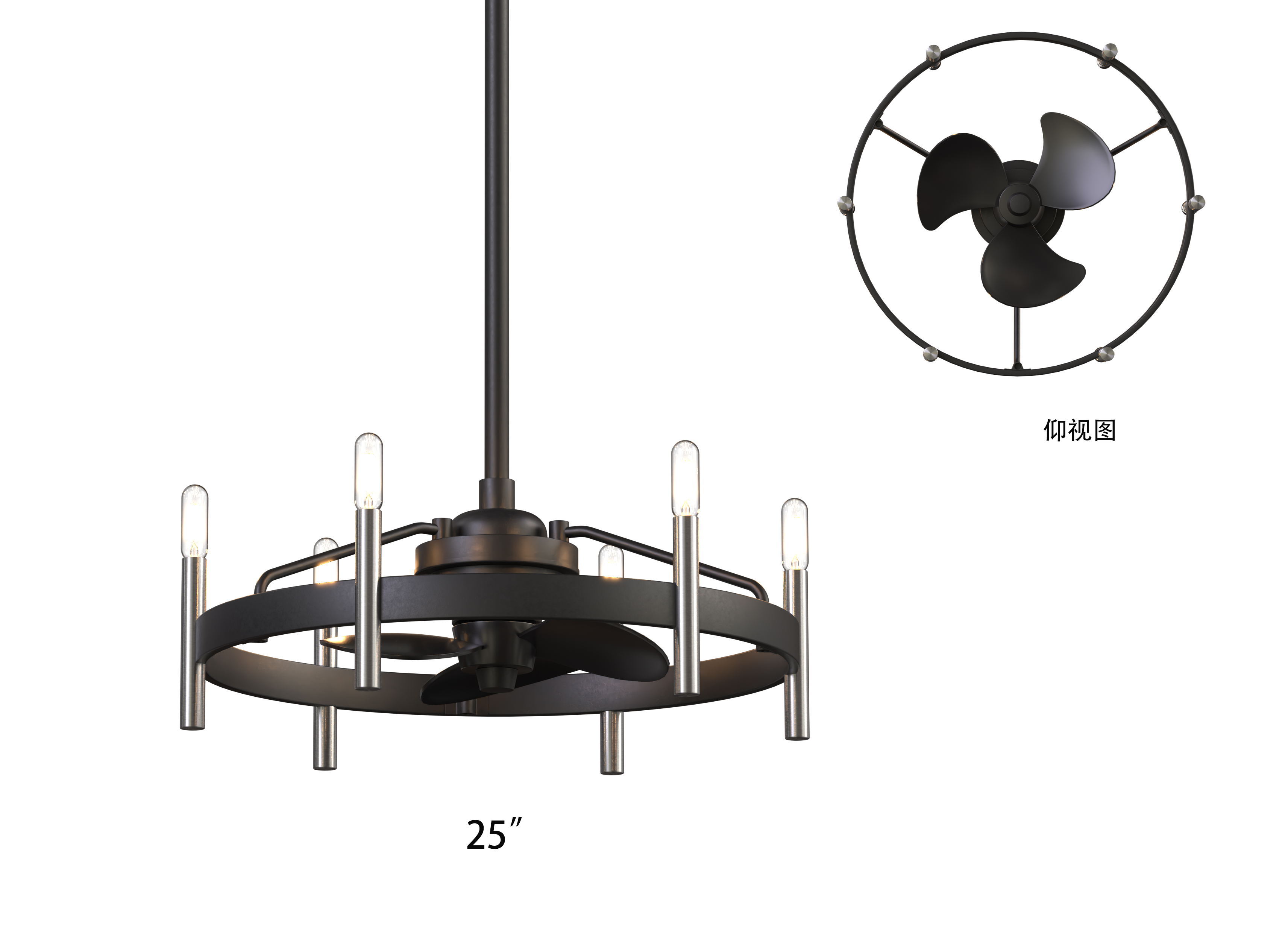 25" Vintage Ring Ceiling Fan with Chandelier Lights